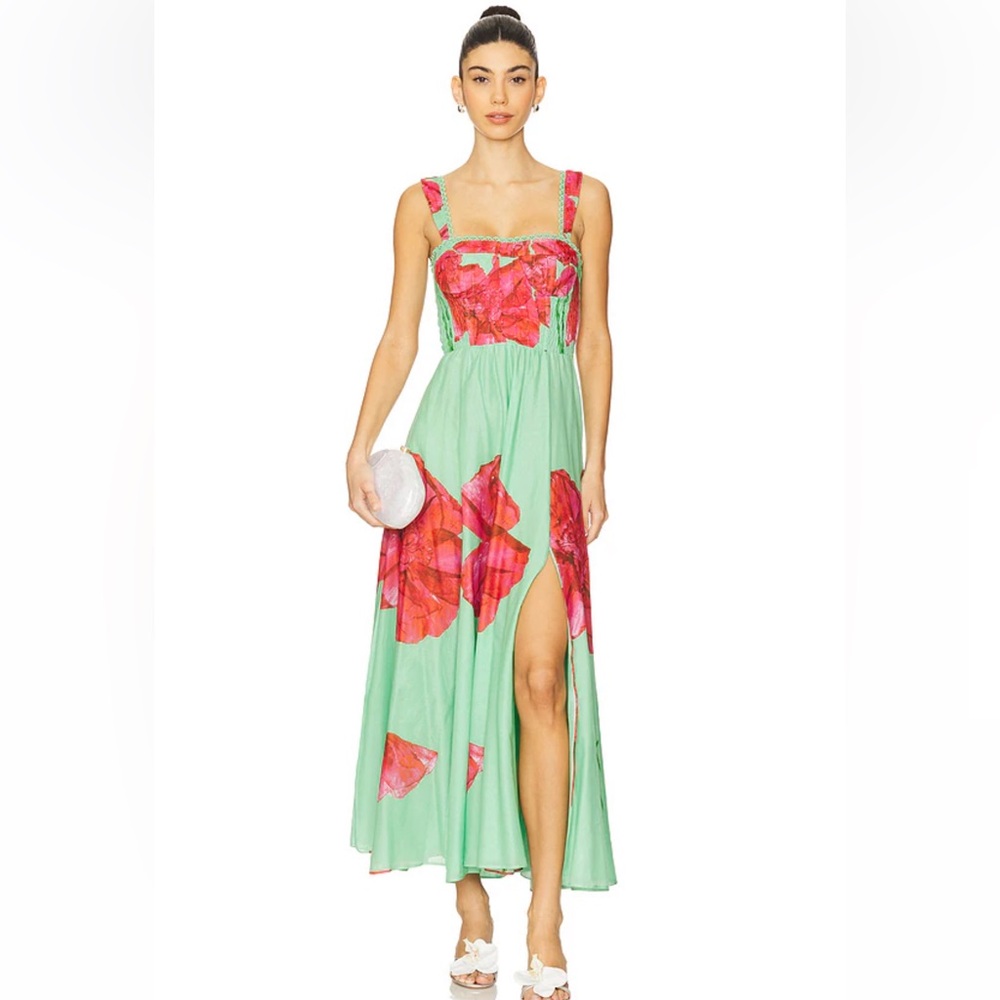 charo ruiz ibiza crissy green & pink flower print smocked maxi sun dress small